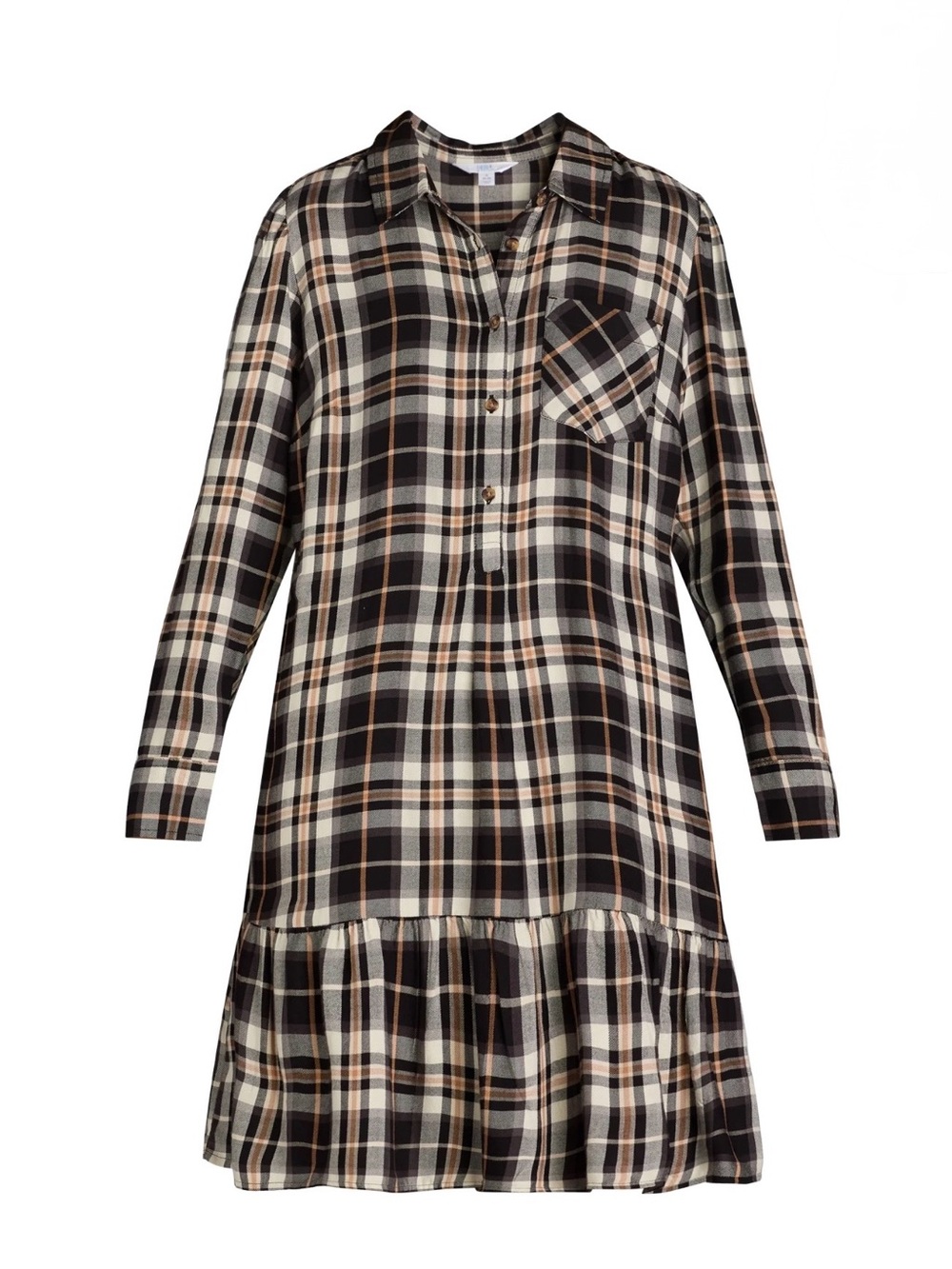 Time and Tru Black, Cream & Brown Plaid Long-Sleeve Shirt Dress